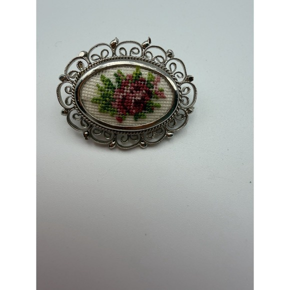 Vintage Petit Point Handmade in Austria Floral Rose Filigree Brooch Silver Tone - Picture 2 of 5